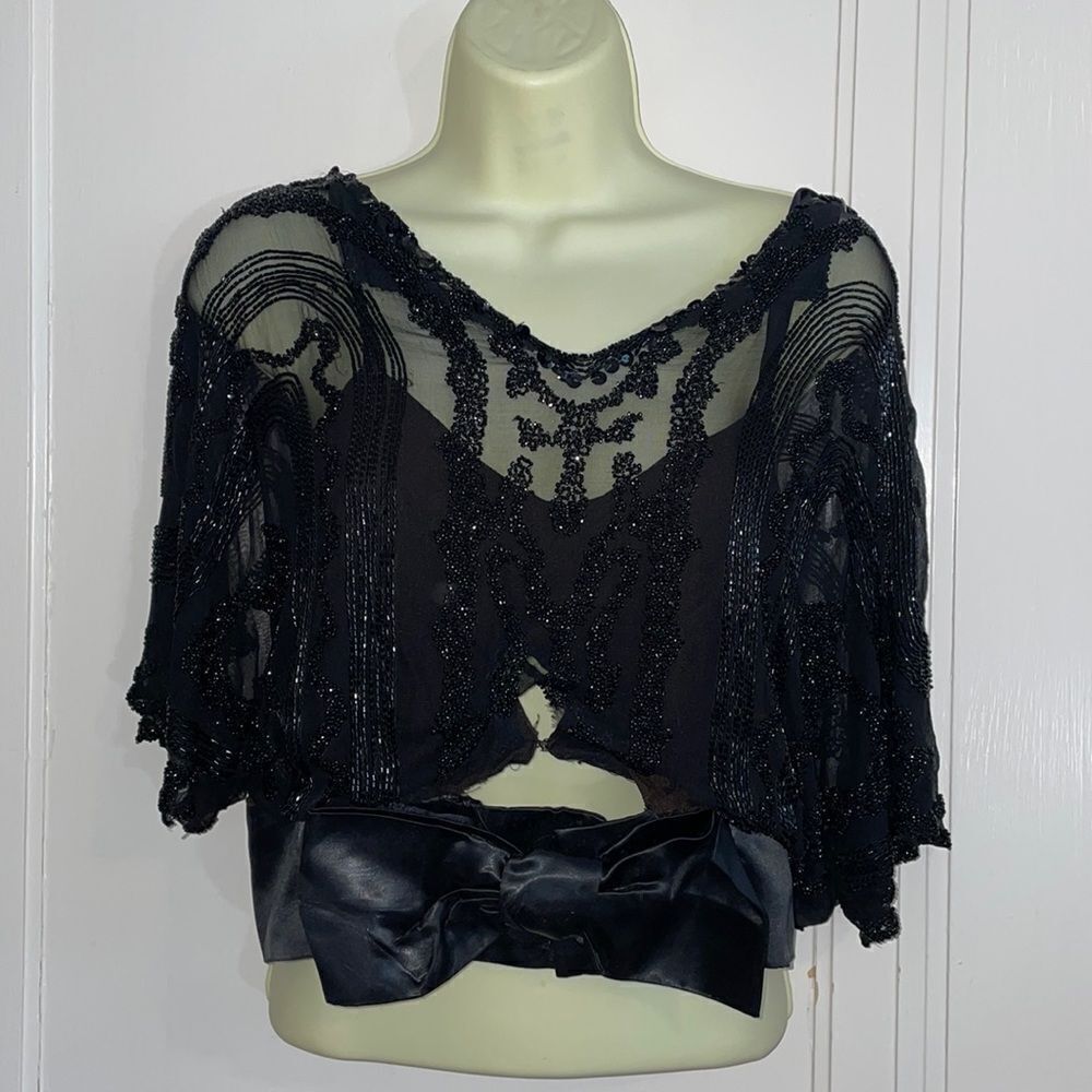 Vtg 50s/60s black beaded‎ & sequined blouse with satin bow at waist